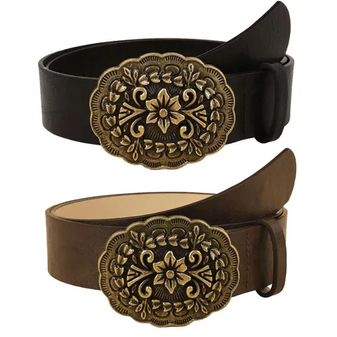 Western Vintage PU Leather Belt Engraved Alloy Oval Buckle Electroplated Casual Waist Strap Unisex Accessory