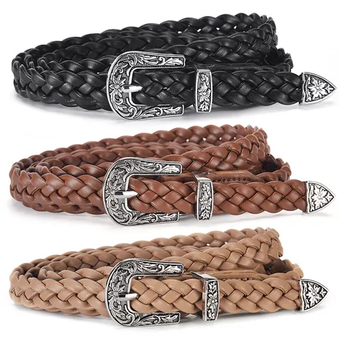 Vintage Woven PU Leather Belt For Women With Engraved Alloy Pin Buckle Casual Braided Waist Strap For Jeans Dresses