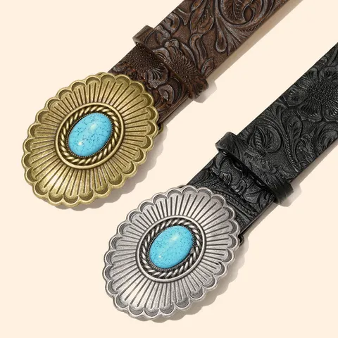 Vintage Western Cowboy Belt For Men Women Carved Oval Buckle Embossed PU Leather Waistband Turquoise Accents Pants Jeans Deco Belt Gift