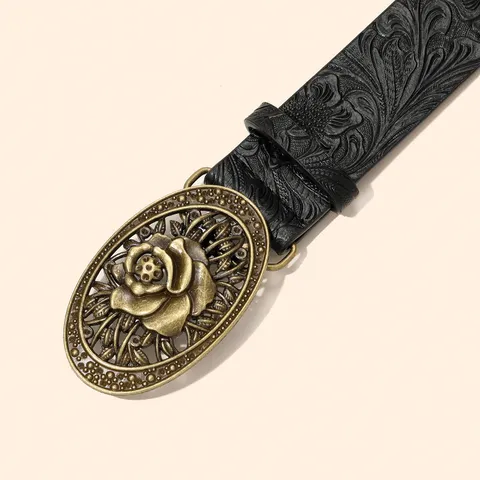 Vintage Rose Buckle Belt For Women Embossed Leather Waist Belt Oval Carved Metal Buckle Retro Fashion Accessories