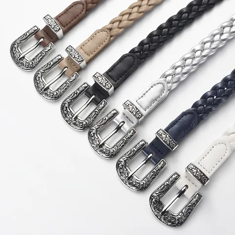 Vintage Woven PU Leather Belt For Women With Engraved Alloy Pin Buckle Casual Braided Waist Strap For Jeans Dresses
