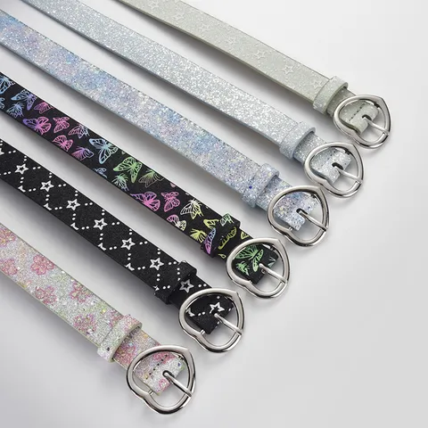 Unisex Fashion PU Leather Thin Belt With Heart Metal Pin Buckle Glitter Star Print Casual Waistband For Women Daily