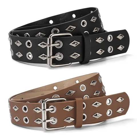 Punk Style Unisex PU Leather Belt Double Prong Pin Buckle Metal Eyelets Rivet Jeans Belt Fashion Accessory