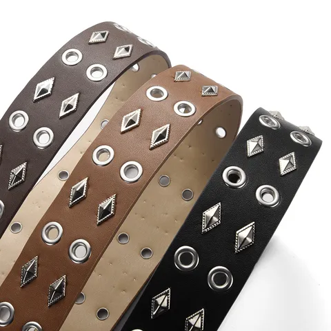 Punk Style Unisex PU Leather Belt Double Prong Pin Buckle Metal Eyelets Rivet Jeans Belt Fashion Accessory