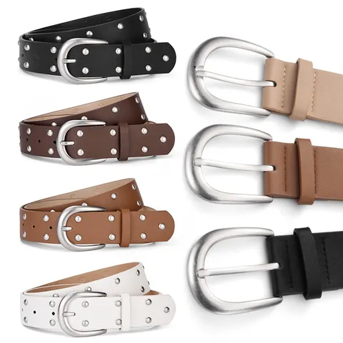 Cintura Larga Punk da Donna con Borchie Doppia Fila Cintura in Pelle Moda Decorazione Jeans Con Fibbia in Lega Trendy Cinturino