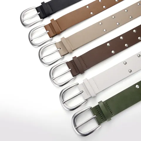 Women Wide PU Leather Belt Punk Rivet Double Grommet Casual Fashion Jeans Waist Belt Decorative Waistband Accessories