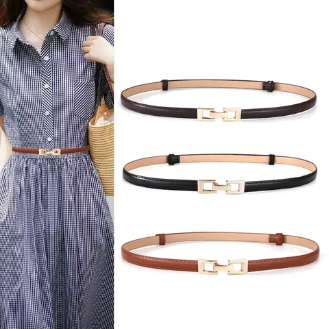 Women's Minimalist Faux Leather Skinny Belt Adjustable Interlocking Alloy Buckle Dress Coat Decorative Waist Belt
