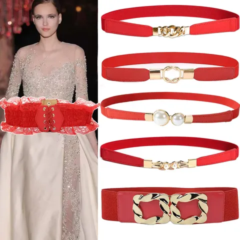 Red Elastic Waist Belt For Women Fashion Dress Corset Vintage Stretch Waistband Wide Cinch Belt Party Outfit
