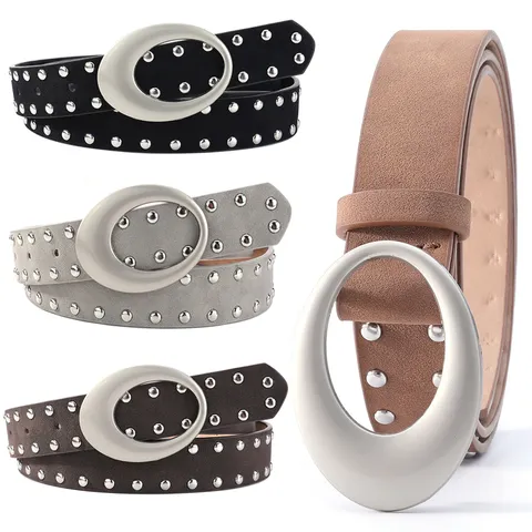 Women's Vintage PU Leather Belt Retro Metal Rivets Large Oval Buckle Casual Fashion Waist Belt For Jeans Daily Commuting