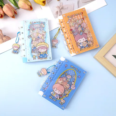 A7 Acrylic Shaker Loose-Leaf Notebook Cartoon Boy Pattern Cute Portable Refillable Journal Diary Book With Keychain For Students Gift Office School Supplies