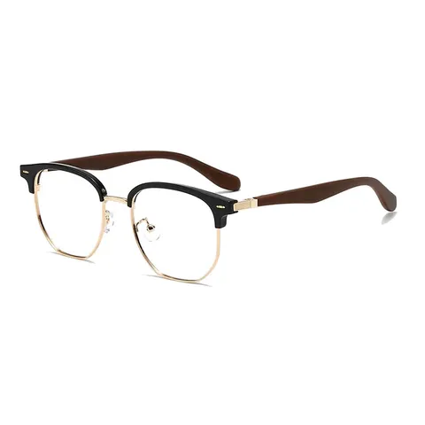 Montura de Gafas Ópticas Cuadradas de Media Montura Ultra Ligeras Retro Para Hombres Mujeres Bloqueo de Luz Azul Patillas de Grano de Madera
