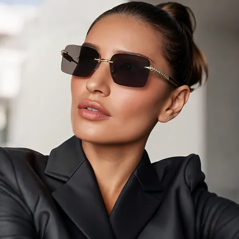 Vintage Rechteckige Randlose Sonnenbrille Für Damen Herren Mode Punk Metallrahmen Schnittkante Gläser Niete Sonnenschutz UV400 Brille