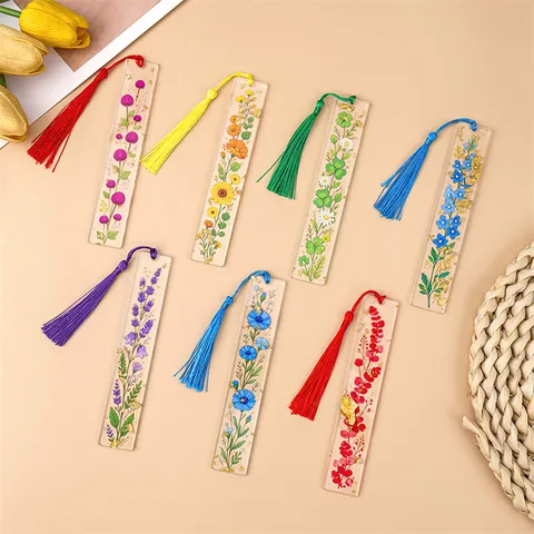 Creative Clear Acrylic Bookmark With Tassel Faux Dried Flower Gold Foil Printing Transparent Book Marks Decorative Reading Accessories Stationery Gifts