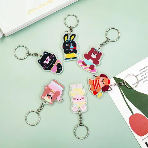 Mignon Porte-clés en Acrylique Animal de Dessin Animé Kawaii Chien Chat Ours Lapin Pendentif Charme de Sac à Dos Accessoire de Porte-clés pour Sac d'école Cadeau Enfant