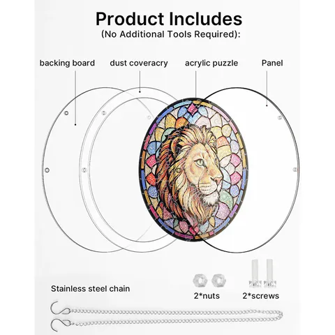 Capteur de Soleil Rond en Acrylique Style Vitrail Ornement Suspendu Avec Chaîne Métallique Puzzle Animal Pendentif Décoratif pour Maison Fenêtre