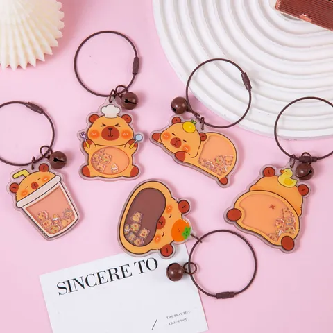 Cartoon Guinea Pig Acrylic Shaker Keychain Liquid Quicksand Keyring with Bell and Wire Loop Bag Pendant Ornament