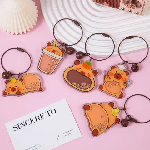 Cartoon Guinea Pig Acrylic Shaker Keychain Liquid Quicksand Keyring with Bell and Wire Loop Bag Pendant Ornament