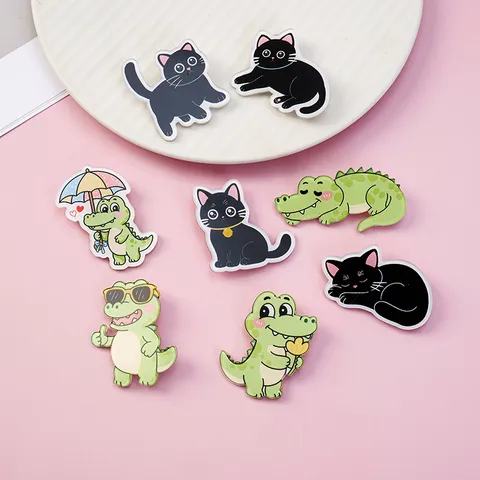 Cute Cartoon Black Cat Green Crocodile Acrylic Brooch Pins Cute Animal Printed Backpack Badges For Clothes School Bag Decor