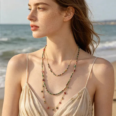 Collar de Turmalina de Piedra Natural de Doble Capa Para Mujer Collar de Cadena Larga de Perlas Hechas a Mano Joyas Chapadas en Oro Color Contraste