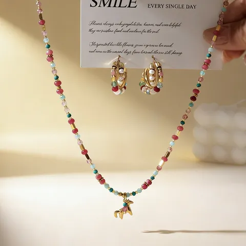 Conjunto de Collar y Pendientes Estilo Resort Bohemio Piedra Natural Estrella Flor Chapado en Oro Joyería de Cadena