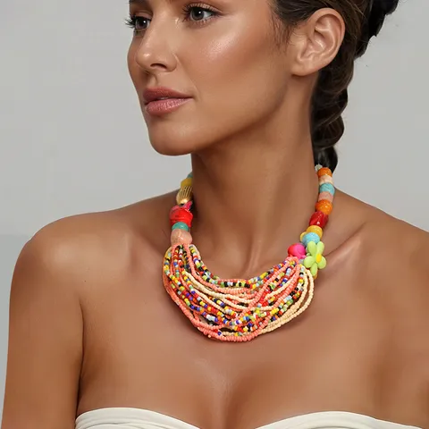 Bohemian Mehrlagige Perlenkette Ethnischen Stil Bunte Harz Blumen Anhänger Halskette Für Damen Urlaub Party Schmuck