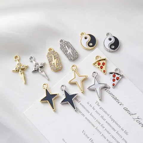 DIY Zinc Alloy Charms Pendants Rhinestone Cross Star Lightning Pizza Tai Chi Yin Yang Charms For Jewelry Making DIY Findings