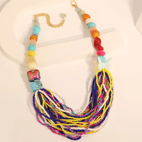 Bohemian Mehrlagige Perlenkette Ethnischen Stil Bunte Harz Blumen Anhänger Halskette Für Damen Urlaub Party Schmuck