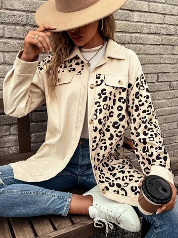 Women Casual Leopard Print Patchwork Jacket Shirt Mid Length Single Breasted Turn Down Collar Long Sleeve Polyester Outerwear Top For Autumn Winter Streetwear