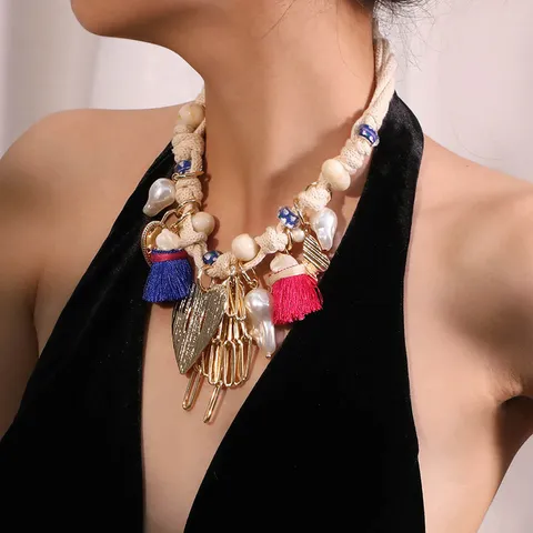Böhmische Bunte Quaste Halskette Handgewebte Choker Mit Herzanhänger Künstliche Perle Keramikperlen Ethnisch Strand Schmuck Für Damen