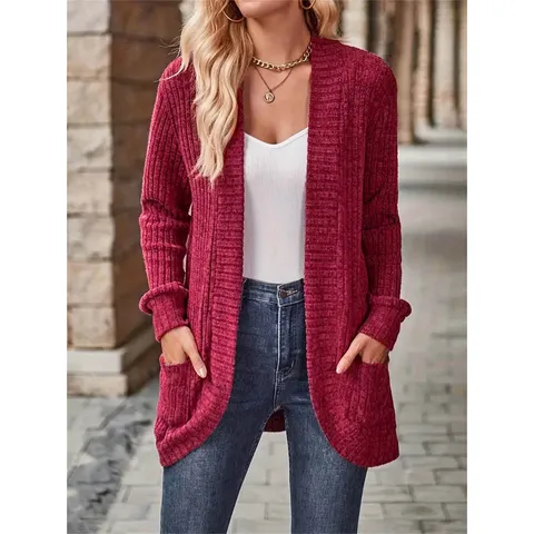Women Vintage Polyester Solid Color Open Front Long Sleeve Cardigan Loose Casual Patchwork Jacket Outerwear With Pockets