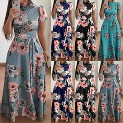 Damen Blumenmuster Maxi Kleid Eleganter Westlicher Stil Stehkragen Großer Schwung Langes Kleid Mit Bindegürtel Für Den Alltag Party