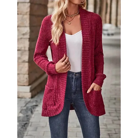 Women Vintage Polyester Solid Color Open Front Long Sleeve Cardigan Loose Casual Patchwork Jacket Outerwear With Pockets