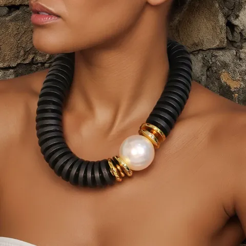 Vintage Handgefertigte Holzscheiben Choker Halskette Für Damen Bohemian Künstliche Perle Anhänger Halskette Mode Schmuck Geschenk