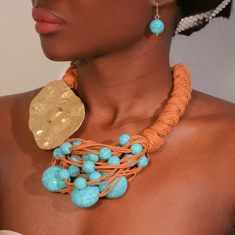 Bohemian Turquoise Beaded Statement Necklace For Women Ethnic Handmade Woven Polyester Zinc Alloy Pendant Necklaces Jewelry