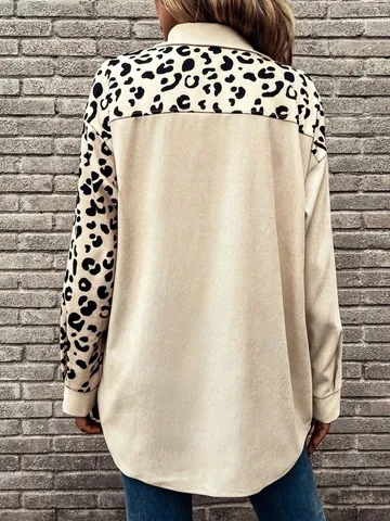 Women Casual Leopard Print Patchwork Jacket Shirt Mid Length Single Breasted Turn Down Collar Long Sleeve Polyester Outerwear Top For Autumn Winter Streetwear