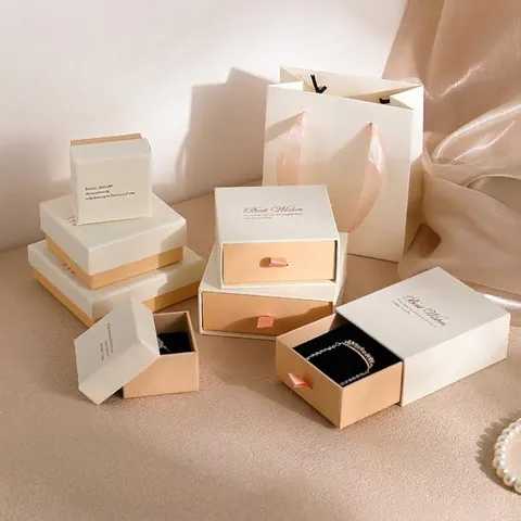 Boîte d'Emballage de Bijoux Cloche et Tiroir pour Collier Bague Boucle d'Oreille Blanc Rose Noir Boîte Cadeau en Papier avec Ruban Sac à Main