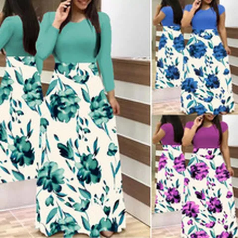 Women Patchwork Floral Print Maxi Dress Elegant Western Style Round Neck Long Flare Hem Casual Dress Summer Fashion Outfit