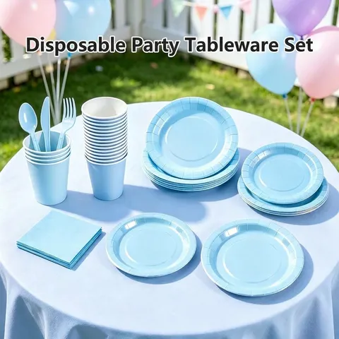 Disposable Tableware Paper Plates Cups Napkins Cutlery For Birthday Party Picnic Wedding Outdoor Solid Color Tableware Supplies