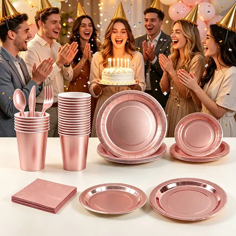 Disposable Tableware Paper Plates Cups Napkins Cutlery For Birthday Party Picnic Wedding Outdoor Solid Color Tableware Supplies