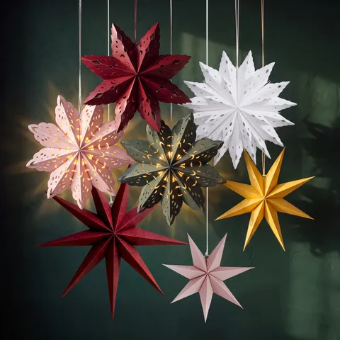 Modern Paper 3D Folding Star Snowflake Hanging Ornaments Multicolor Laser Cutout Hanging Lantern Lampshade For Christmas Party Home Decor