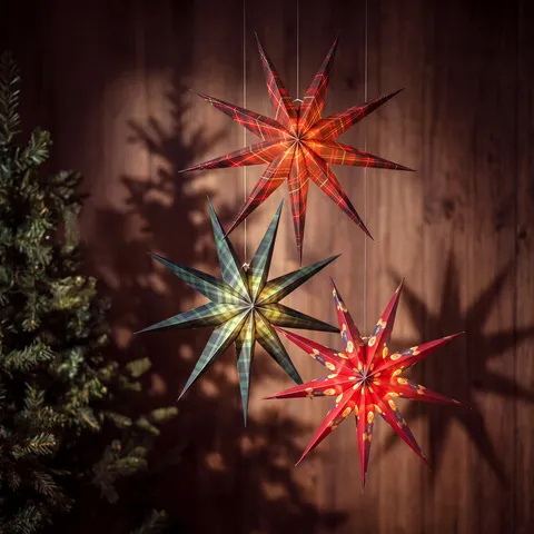 Vintage Christmas Plaid Nine-Pointed Paper Star Hanging Ornaments Three-Dimensional Origami Star Pendant Holiday Party Home Ceiling Window Xmas Tree Decor