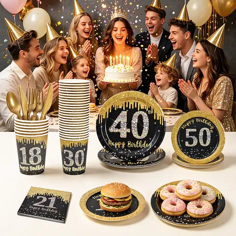 Vaisselle Jetable Anniversaire Jalon Noir Or Assiettes en Papier Gobelets Serviettes Encart Posate en Plastique pour Fête d'Anniversaire Adultes
