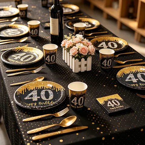 Vaisselle Jetable Anniversaire Jalon Noir Or Assiettes en Papier Gobelets Serviettes Encart Posate en Plastique pour Fête d'Anniversaire Adultes