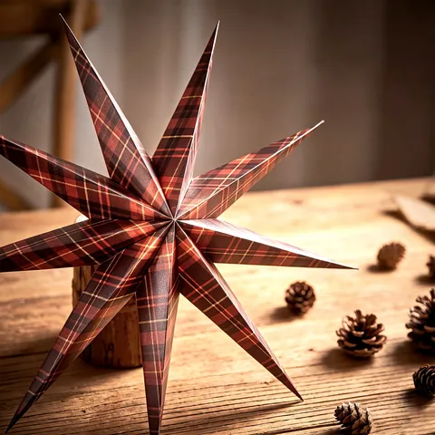 Vintage Christmas Plaid Nine-Pointed Paper Star Hanging Ornaments Three-Dimensional Origami Star Pendant Holiday Party Home Ceiling Window Xmas Tree Decor