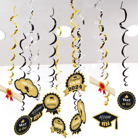 Decorazioni a Spirale Oro Nero per Laurea In PVC Con Etichette Congrats Grad per Festa di Fine Anno Classe 2024