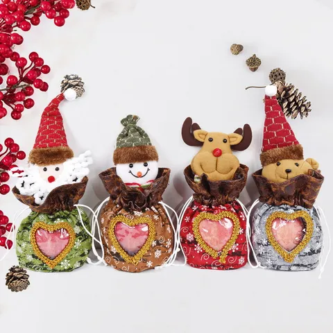 3D Santa Snowman Doll Christmas Gift Bag Heart Transparent Window Drawstring Candy Apple Pouch Holiday Party Decor
