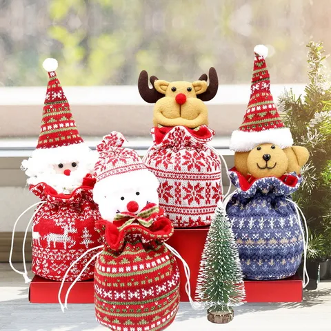 Christmas Knitted Drawstring Gift Bag Cute Cartoon Reindeer Bear Apple Candy Storage Pouch Holiday Party Decor