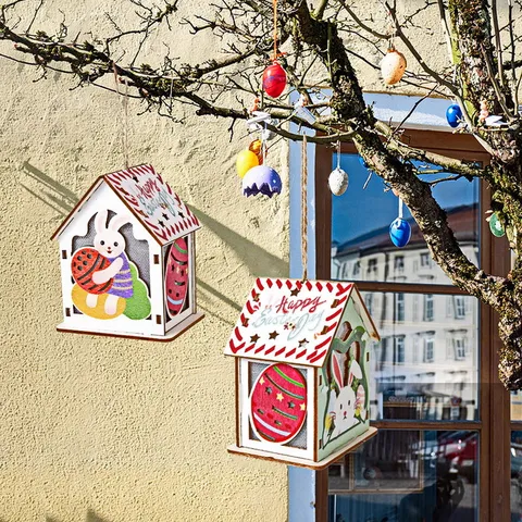 Easter Wooden Glowing House Pendant LED Light Rabbit and Egg Pattern Hanging Ornament Festival Decor
