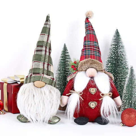 Christmas Decorations Sitting Gnome Plush Faceless Old Man Doll Ornament Knit Plaid Dwarf Figurine Tabletop Home Holiday Decor