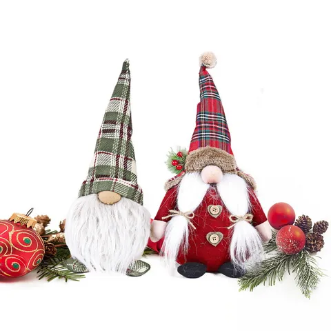 Christmas Decorations Sitting Gnome Plush Faceless Old Man Doll Ornament Knit Plaid Dwarf Figurine Tabletop Home Holiday Decor